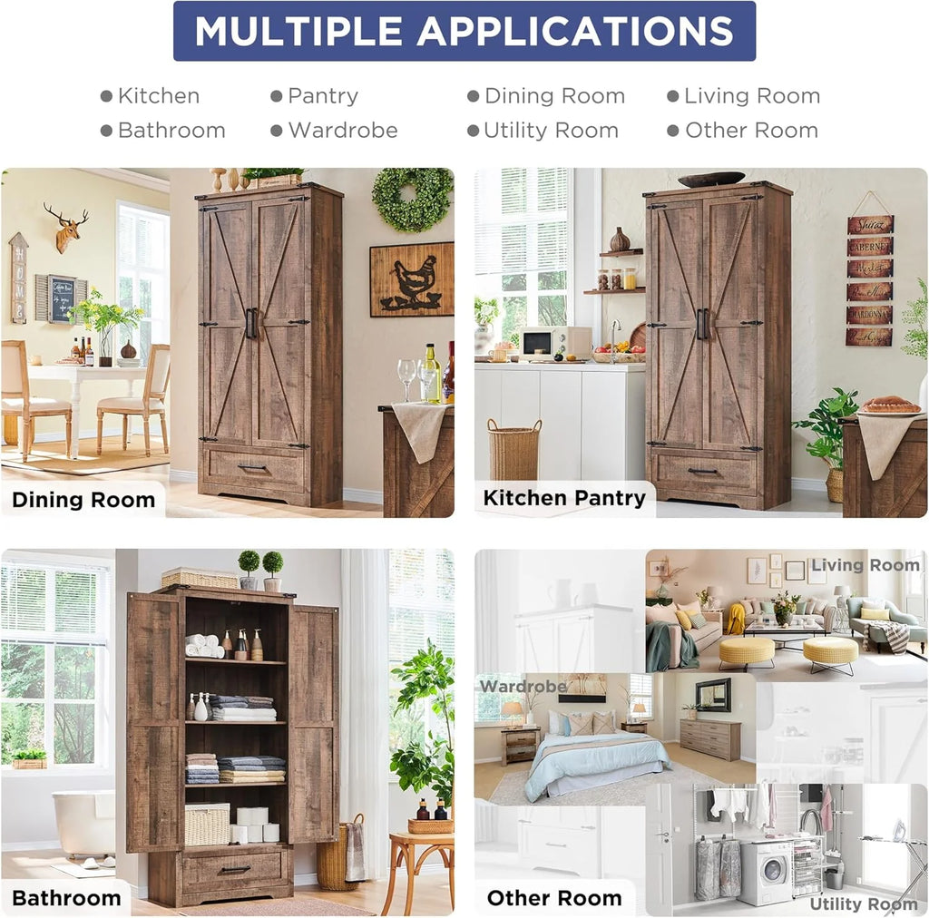 JXQTLINGMU Farmhouse Kitchen Pantry - 72 Tall Wood Kitchen Storage Cabinet with Adjustable Shelves and 2 Barn-Style Doors and Drawers