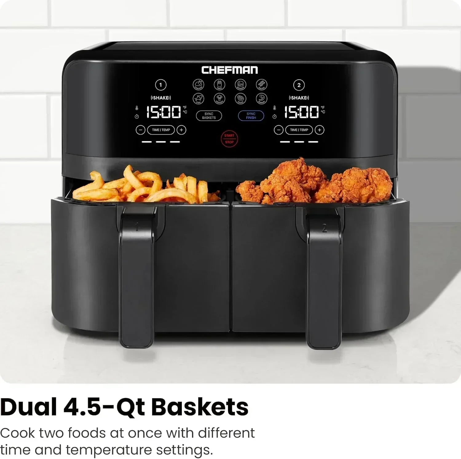 Chefman 6-Quart Dual Basket Air Fryer Digital Touchscreen Smart Sync Finish High-Frying