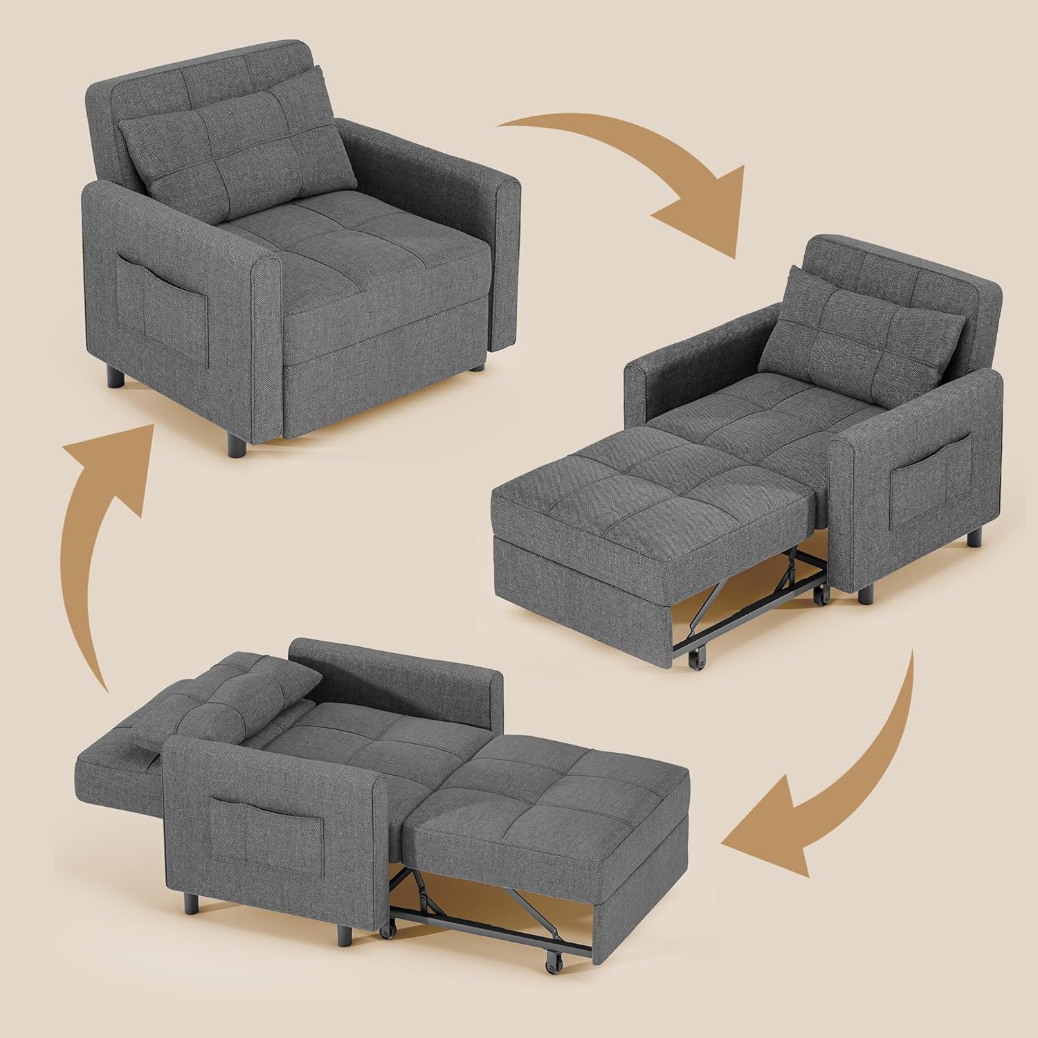 Sofa Bed Chair 3 in 1 Convertible Pullout Single Sleeper Chair Bed Spacious Multifunctional Sofa