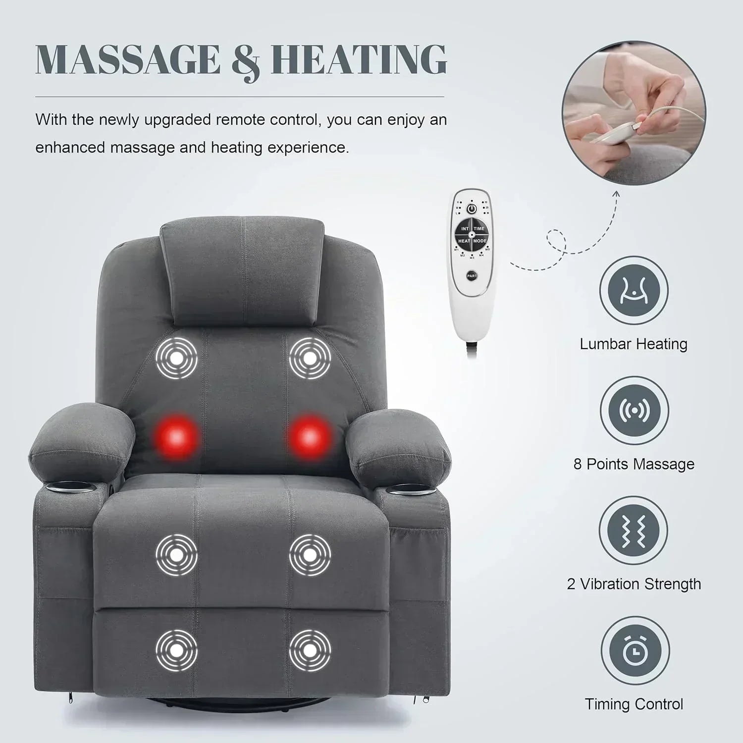 Large Swivel Rocking Recliner with Massage Function 360 Degree Swivel Rocking Single Sofa