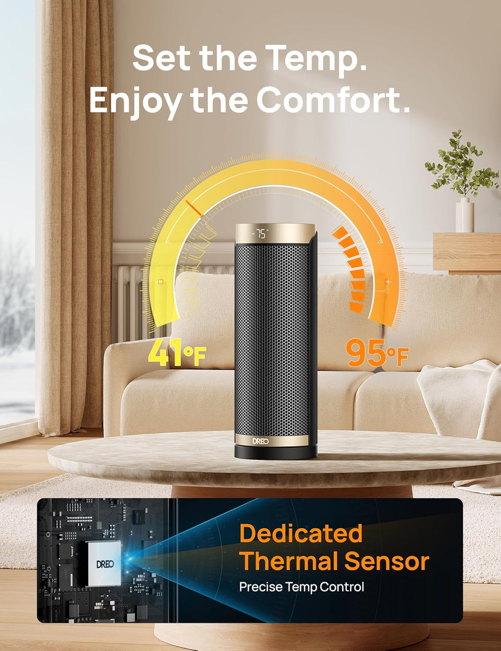 Dreo Space Heater, 1500W Electric Heaters for Indoor Use with Thermostat, 70�� Oscillation, 8 Safety Protections, 5 Modes, Remote, 12H Timer, Quiet Portable Heater for Office, Bedroom, Large Room
