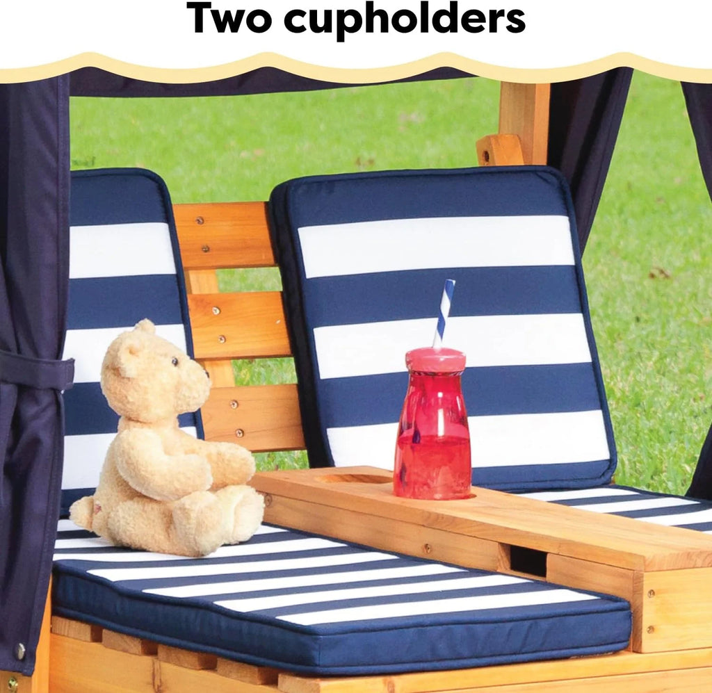 KidKraft Wooden Outdoor Double Chaise Lounge with Cup Holders, Kid's Patio Furniture, Honey with Navy and White Striped Fabric, Gift for Ages 3-8
