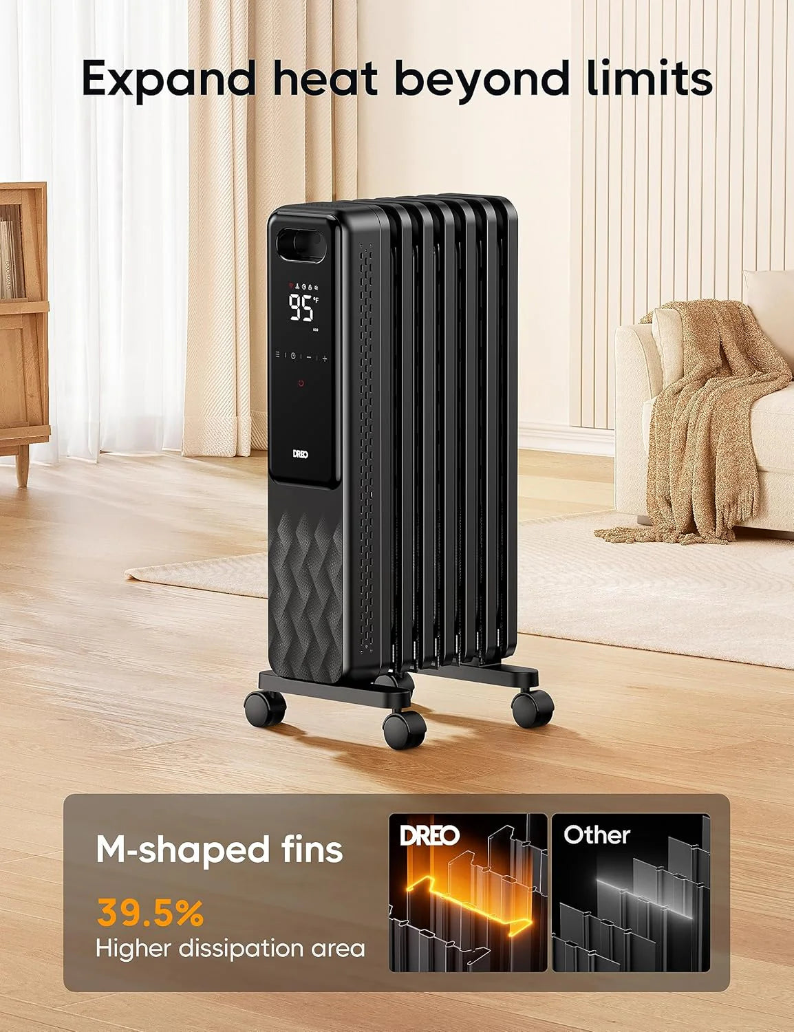 Indoor electric radiant heater with overheat and tip-over protection, digital thermostat, oil-filled radiator