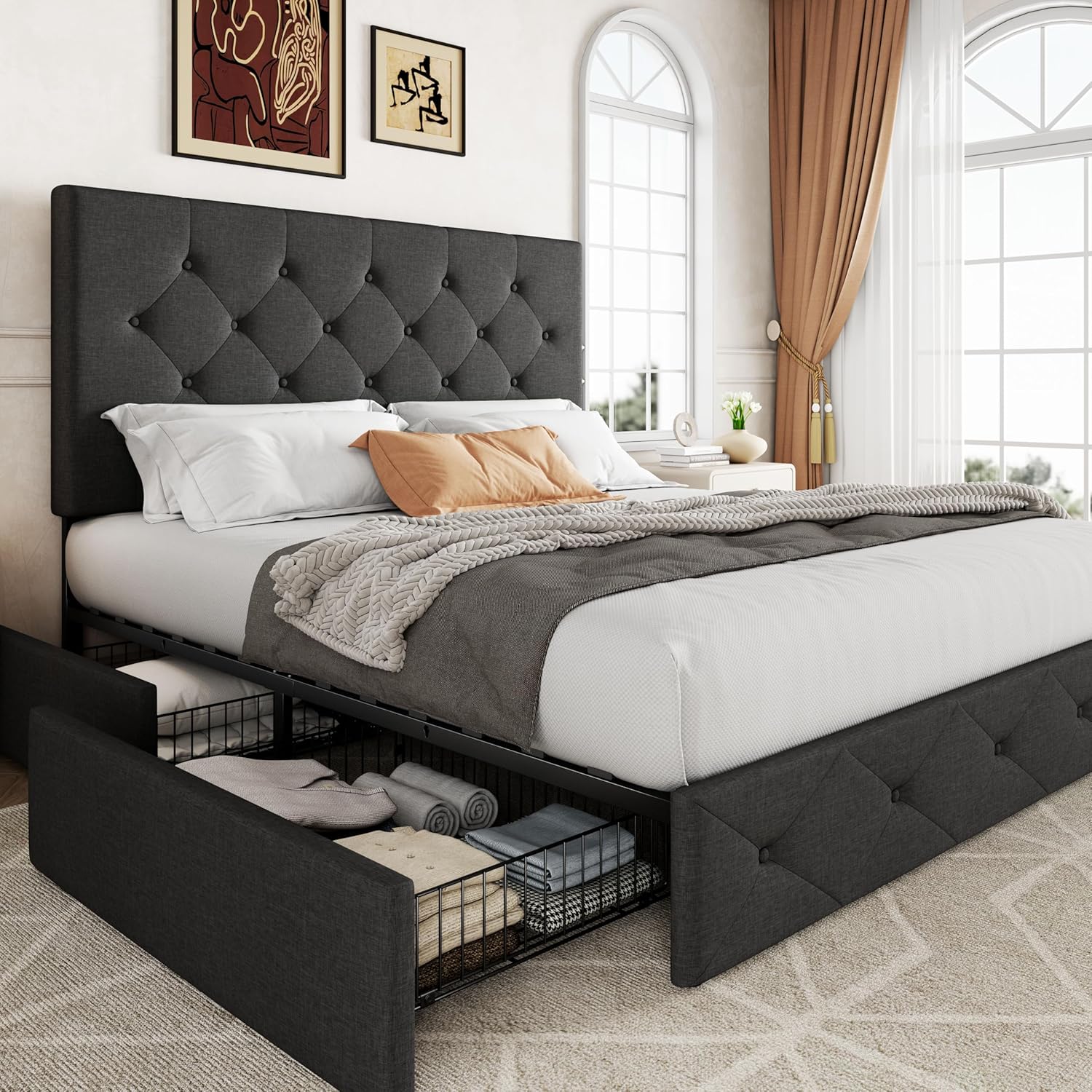 Allewie Upholstered Queen Size Platform Bed Frame with 4 Storage Drawers and Headboard