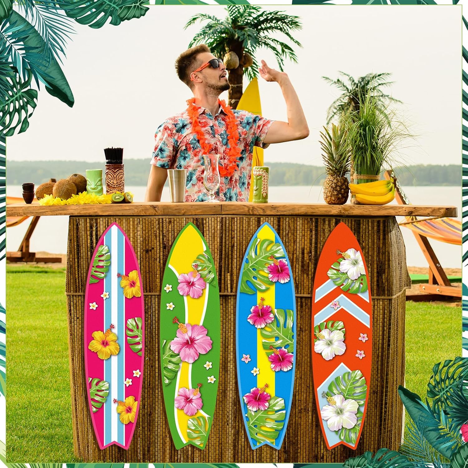 Blulu 4 Pcs Surfboard Wall Decor Surfboard Wall Hanging Sign Wooden Beach Decoration Summer Theme Decor Hawaiian Luau Party Decoration for Home Bar Aloha Tropical Birthday Party(Tiki)