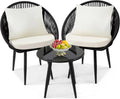 3 Piece Bistro Set Woven Rope Chair with Cushions All Weather Patio Conversation Set Side Table