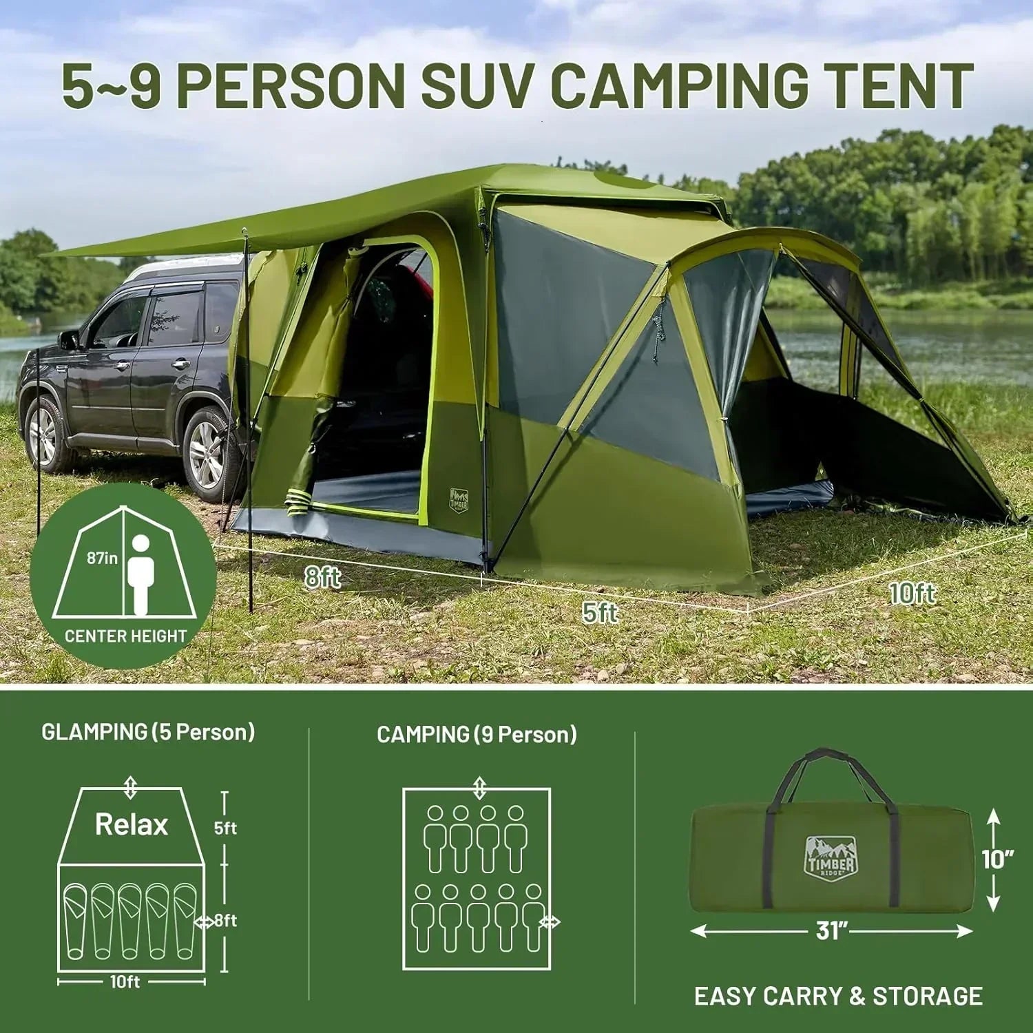 TIMBER RIDGE 5-9 Person SUV Tent with Screen Porch and Awning for Family Camping Weather Resistant
