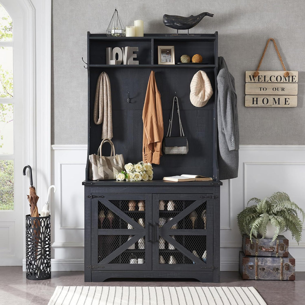 JXQTLINGMU 59-inch Farmhouse Foyer Tree Shoe Storage Entryway Bench Foyer Coat Rack Cabinet
