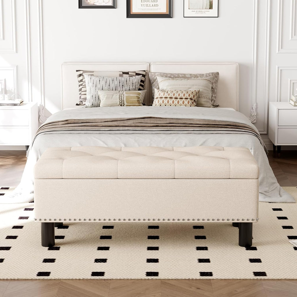 Furniliving Modern Storage Ottoman Bench, Sherpa Ottoman End of Bed Bench with Solid Wood Legs Upholstered Ottoman Benches with Storage Indoor Bench for Living Room with Rolled Arm, Entryway, White