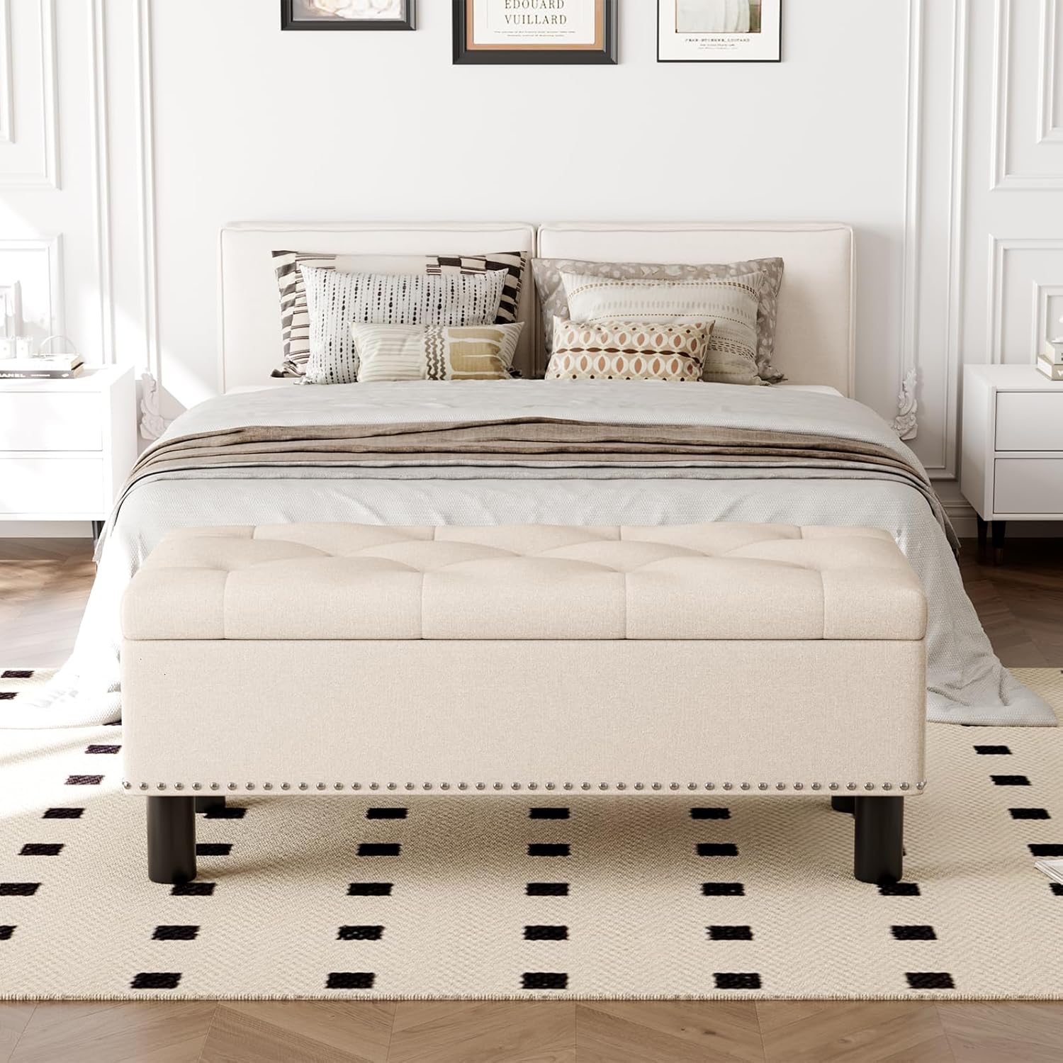 Furniliving Modern Storage Ottoman Bench, Sherpa Ottoman End of Bed Bench with Solid Wood Legs Upholstered Ottoman Benches with Storage Indoor Bench for Living Room with Rolled Arm, Entryway, White
