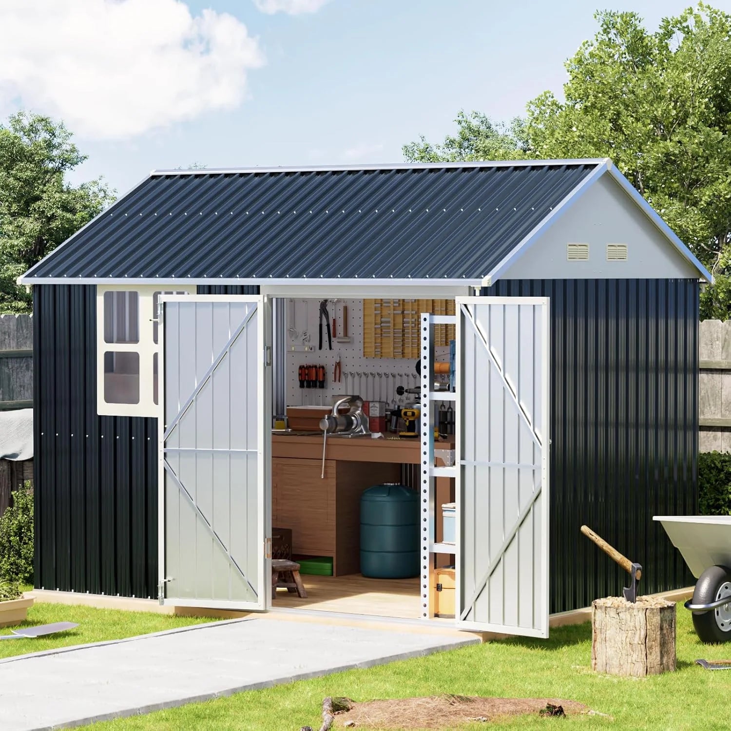 Breezz 8X10FT Outdoor Steel Storage Shed Lockable Doors Weather-Resistant Metal Tool Shed
