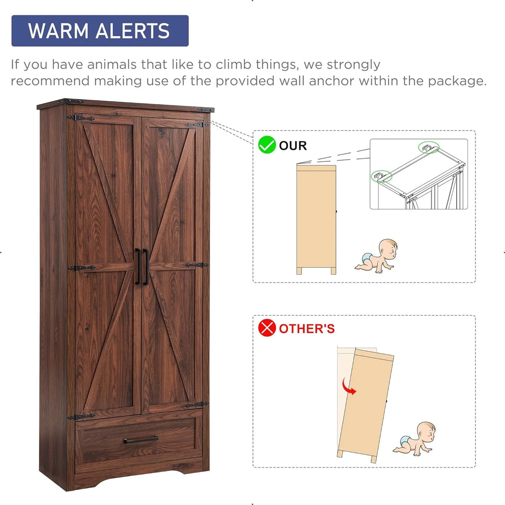 JXQTLINGMU Farmhouse Kitchen Pantry - 72 Tall Wood Kitchen Storage Cabinet with Adjustable Shelves and 2 Barn-Style Doors and Drawers