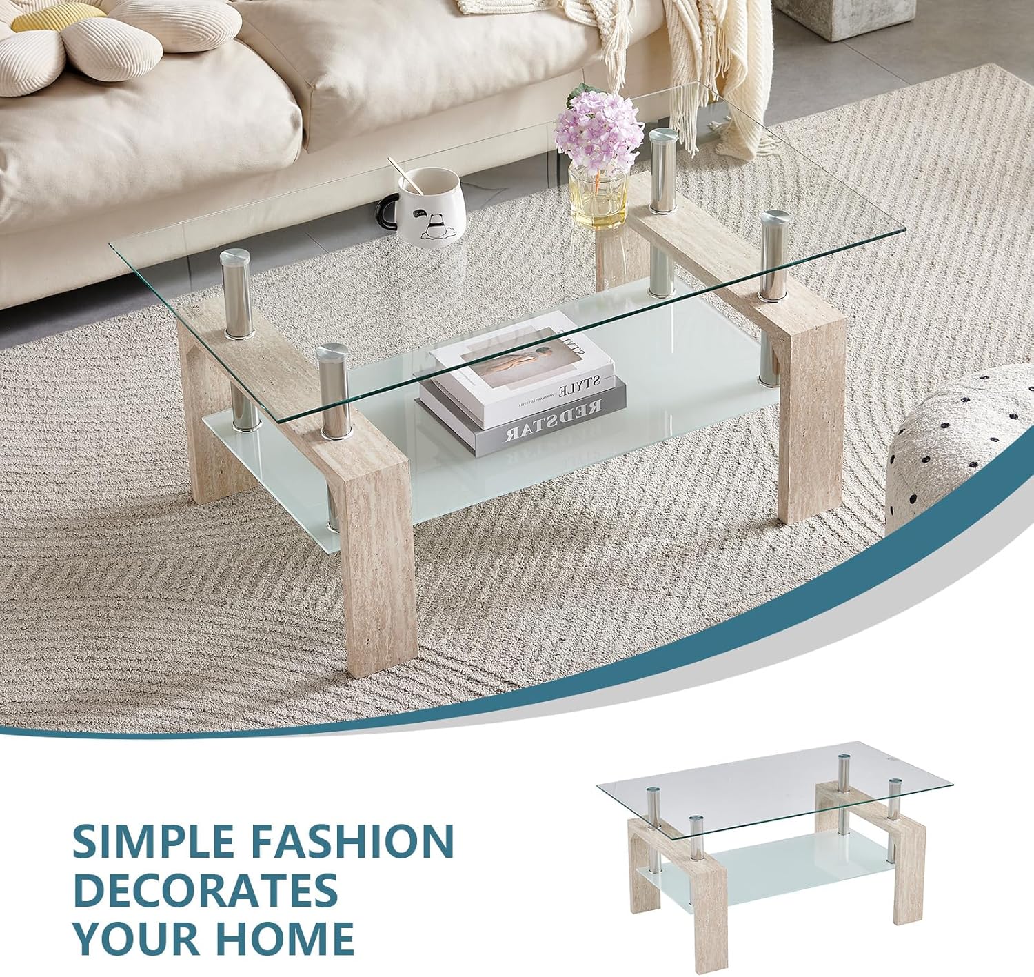Living Room Rectangle Coffee Table, Tea Table Suitable for Waiting Room, Modern Side Coffee Table with Wooden Leg, Glass Tabletop