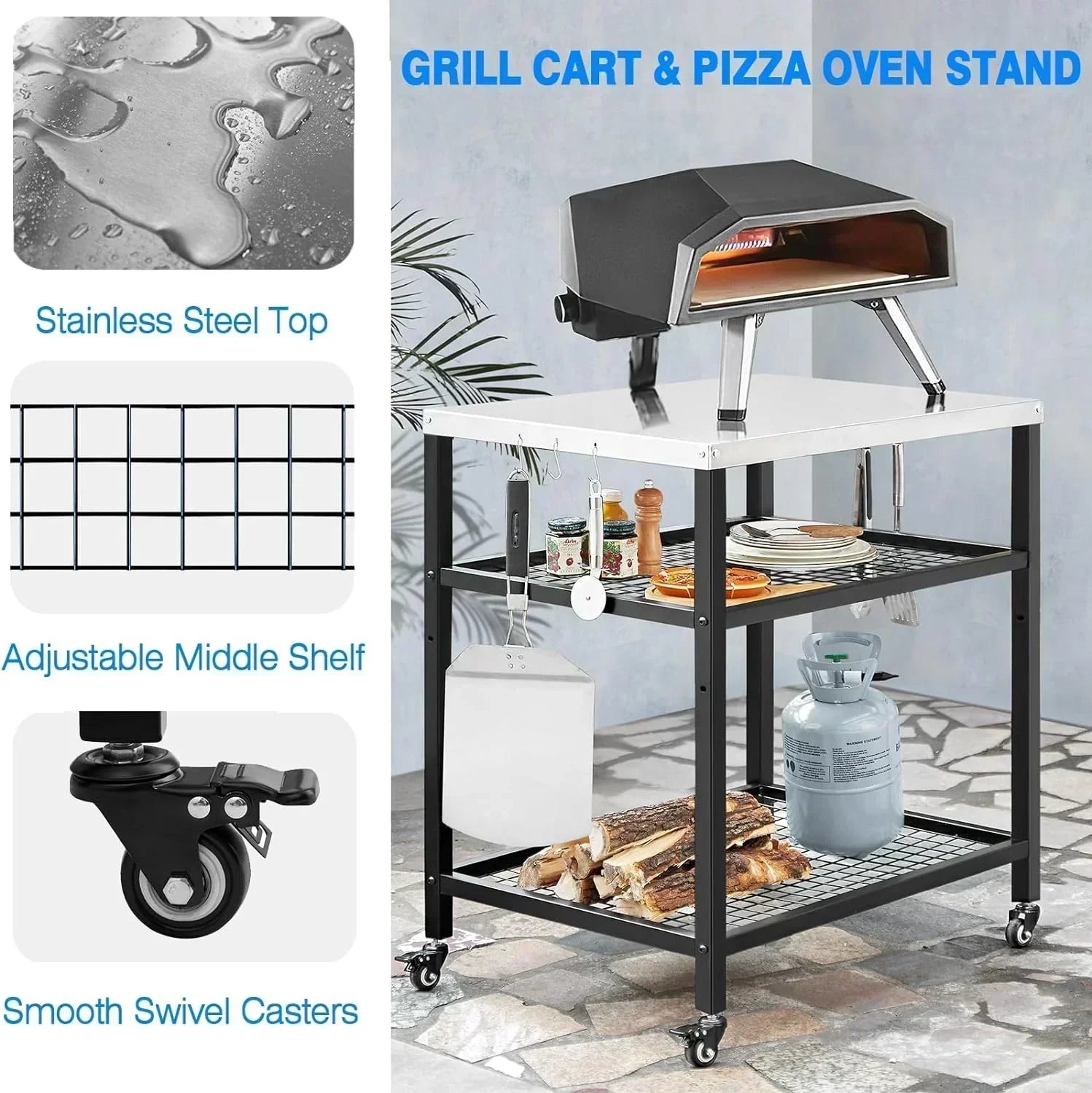 Stainless Steel Outdoor Grill Cart Pizza Oven Stand Trolley Table with Wheels Three-Shelf