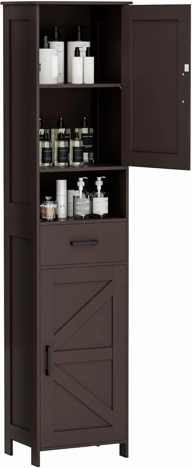Homhedy 67 H Tall Bathroom Storage Cabinet with 2 Barn Doors and 1 Drawer Narrow Storage Unit