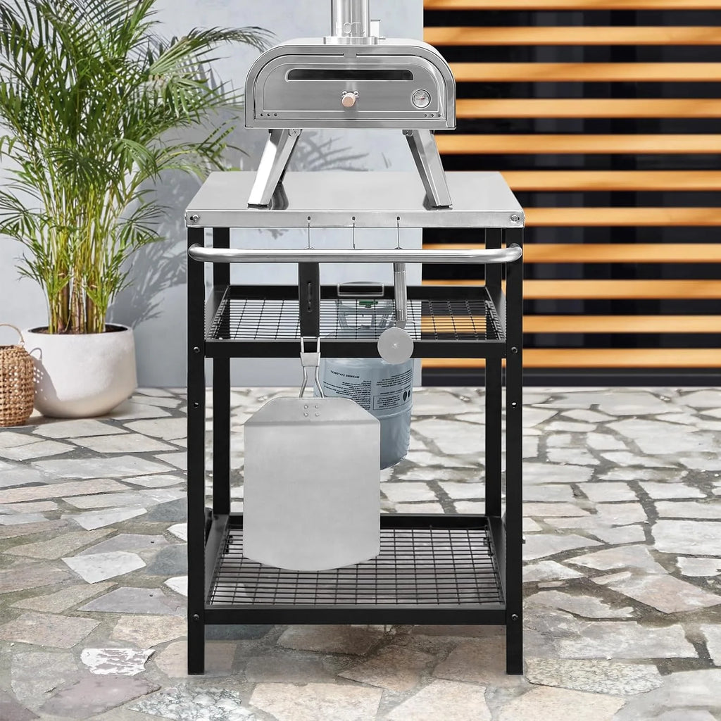 Stainless Steel Outdoor Grill Cart Pizza Oven Stand Trolley Table with Wheels Three-Shelf Movable Food Prep and Work Table Heavy Duty Grill Carts Outdoor Cart 31.5×24×35.5