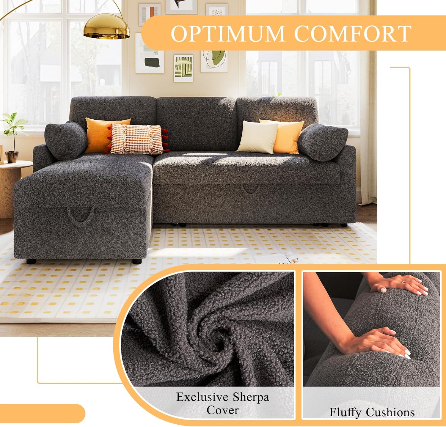 VanAcc Sofa Bed Sleeper Sofa with Storage Chaise 2 in 1 Pull Out Couch Living Room